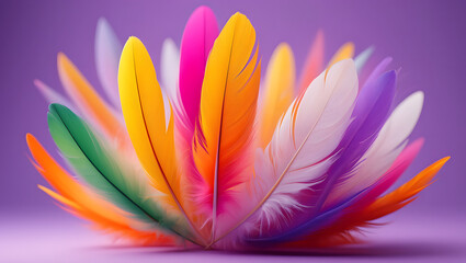 Vibrant Multicolored Feathers 3D Render on Gradient Purple Background, Close-Up Digital Artwork