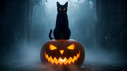 Halloween scene: a sleek black cat perched atop a glowing pumpkin in a misty forest.