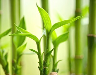A bamboo plant with chinese writing on it is in a glass jar
3