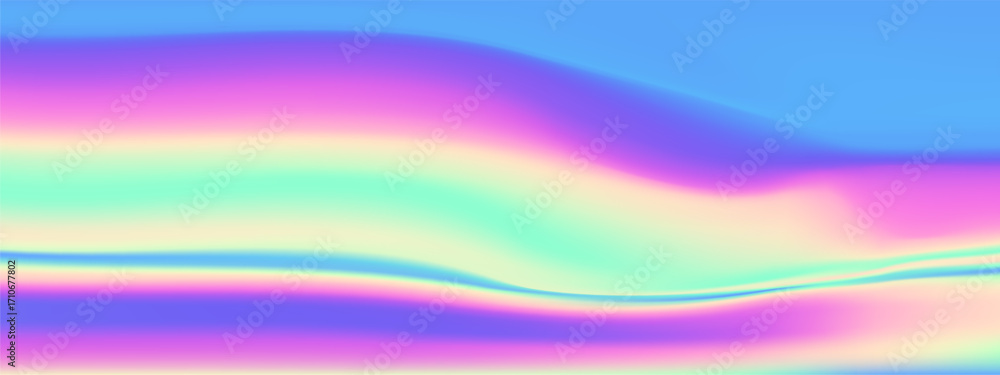 Poster iridescent gradient bg with hologram rainbow effect and blue pink color pattern. dreamy pearl chrome