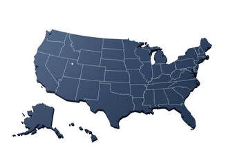 Fototapeta premium A pristine, minimalist map of the contiguous united states in matte dark blue with transparent borders, isolated on a solid transparent background with negative space. Concept of sophisticated