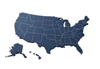 A pristine, minimalist map of the contiguous united states in matte dark blue with transparent borders, isolated on a solid transparent background with negative space. Concept of sophisticated