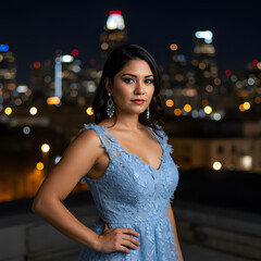 Mujer hispana elegante con vestido azul posando frente a las luces de la ciudad de noche