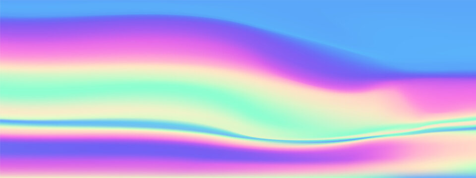 Iridescent gradient bg with hologram rainbow effect and blue pink color pattern. Dreamy pearl chrome textures or opalescent foil waves for girly designs. 3D aurora shines or multi color space skies.
