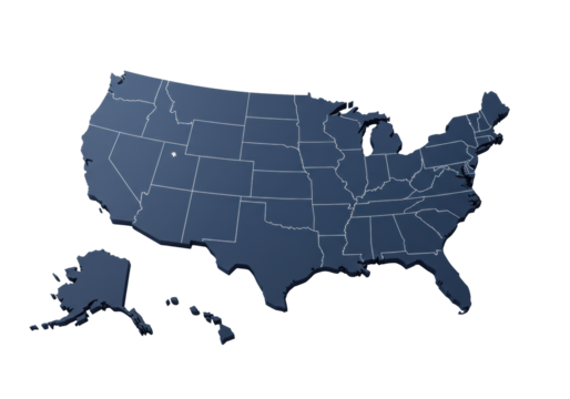 A pristine, minimalist map of the contiguous united states in matte dark blue with transparent borders, isolated on a solid transparent background with negative space. Concept of sophisticated