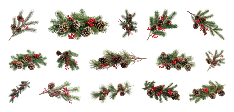 PNG Festive pinecone and holly arrangements, element set on transparent background