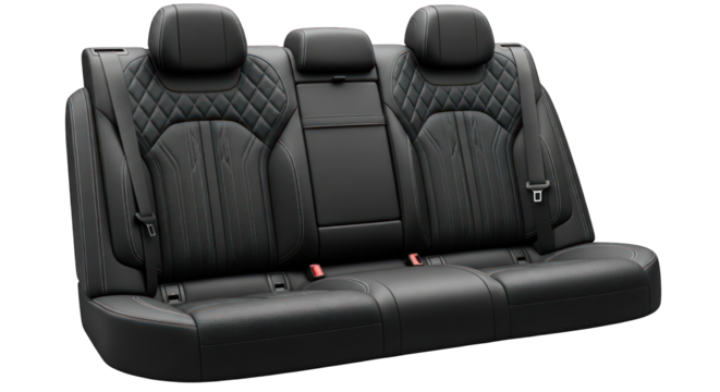 Luxurious Black Leather Car Back Seat with Diamond Stitching and Headrests.
