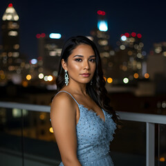Mujer hispana elegante con vestido azul posando frente a las luces de la ciudad de noche