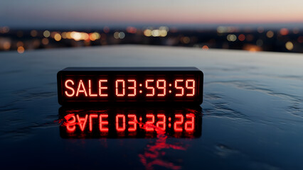 Digital display shows a sale ending soon, reflected on a dark surface with a cityscape in the background.
