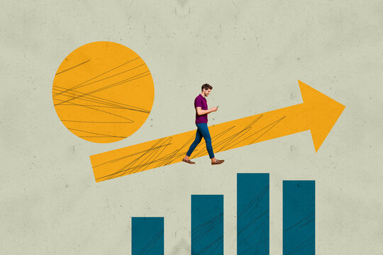 Collage with person observing rising arrow symbolizing startup growth business income statistics trading decrease increase