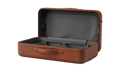Open Brown Leather Suitcase with Gray Interior and Handle.
