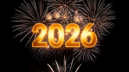 Golden 2026 shines brightly amidst bursting fireworks against a night sky, celebrating new beginnings.