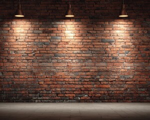 Illuminated brick wall with spotlights and textured red bricks