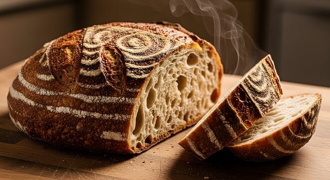 Warm, steaming, freshly baked artisan sourdough bread with a captivating spiral-scored crust, sliced on a rustic wooden board - Powered by Adobe