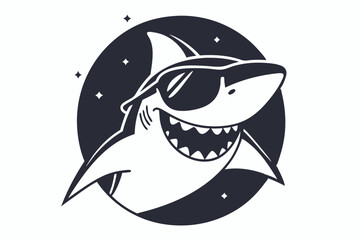 features a shark with sunglasses smiling against a dark circular background