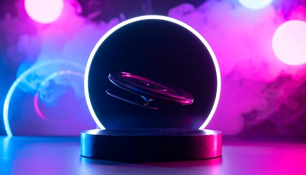 Cyber Monday home shopping: A pair of headphones displayed on a dark circular platform with vibrant pink and blue neon lighting against a smoky background.