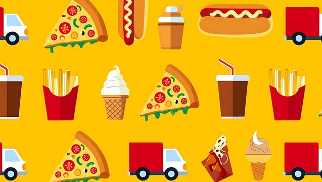 Cartoon Fast Food Seamless Pattern Yellow Background with Pizza and Drinks - Powered by Adobe