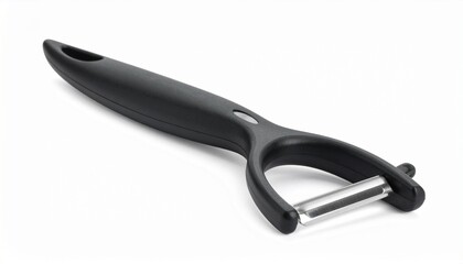 Obraz premium Render a black Y-shaped vegetable peeler with horizontal stainless steel blade and ergonomic handle featuring a hanging hole, isolated on transparent background, emphasizing kitchen utility and minima