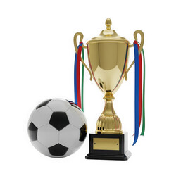 Fototapeta premium 3d golden soccer trophy with football championship ribbons isolated on transparent background