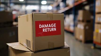 Cardboard box with damage return label on warehouse shelf