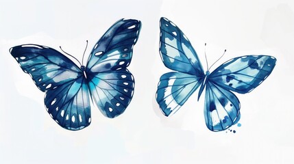 two blue butterflies painted in watercolor delicate wings with translucent patterns on white background, airy feeling, light splashes, copyspace, concept of education, decor, stationery