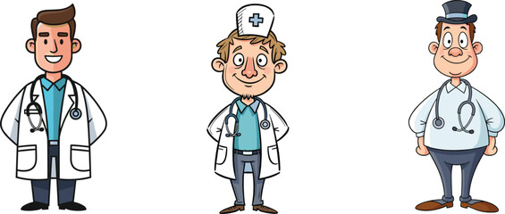 Cartoon doctor characters, medical profession, healthcare worker, funny physician, nurse hat, stethoscope, hospital staff, medical illustration