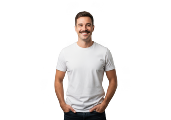 Man with mustache wearing a white t shirt isolated on transparent background