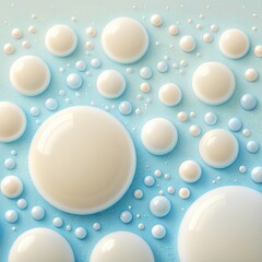 Creamy white and light blue 3d spheres and bubbles on a textured light blue background