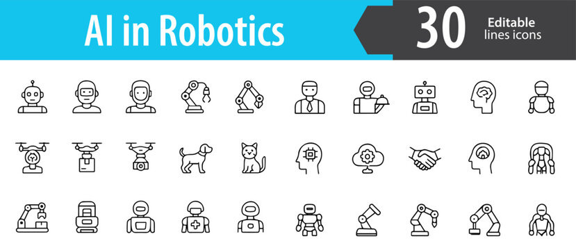 AI in Robotics Line Icons, Artificial Intelligence, Robot, Automation, Machine Technology Symbols, Editable Formats: AI, EPS, JPG, PNG, Ideal for Both Digital and Print Use

