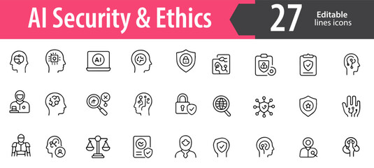 AI Security and Ethics Line Icons, Artificial Intelligence, Privacy, Data Protection, Responsibility Symbols, Editable Formats: AI, EPS, JPG, PNG, Ideal for Both Digital and Print Use
