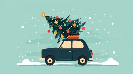 Car carrying Christmas tree in snow