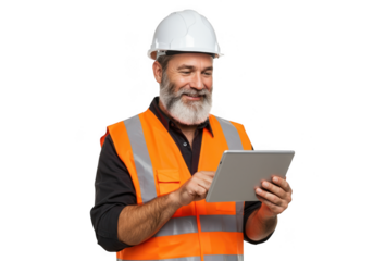 Bearded construction worker in safety vest uses tablet with a smile transparent background
