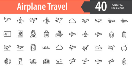 Airplane Travel Line Icons, Flight, Luggage, Airport, Tourism and Vacation Symbols, Editable Formats: AI, EPS, JPG, PNG, Ideal for Both Digital and Print Use
