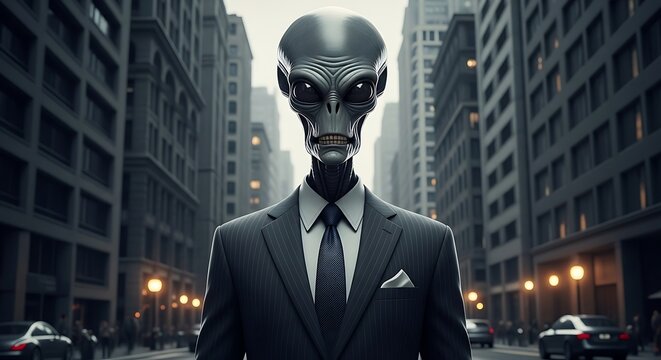 A gray alien in a pinstriped suit stands in a city street, radiating an enigmatic and unnerving presence.