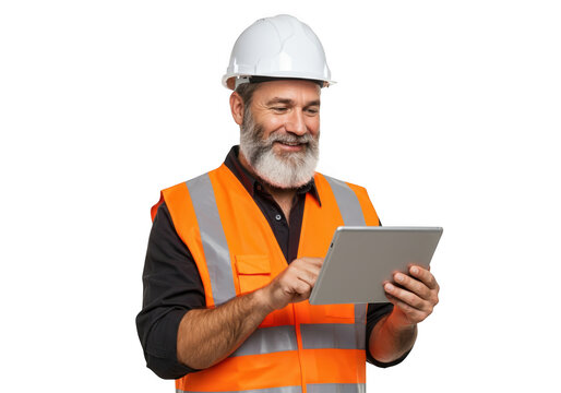 Bearded construction worker in safety vest uses tablet with a smile transparent background