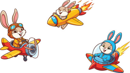 Obraz premium Cartoon rabbit flying airplane, rocket pilot, funny animal character, aviation adventure, cute bunny, space travel, children's illustration, vector art