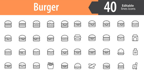 Burger Line Icons, Fast Food, Sandwich, Cheeseburger, Snack and Meal Symbols, Editable Formats: AI, EPS, JPG, PNG, Ideal for Both Digital and Print Use

