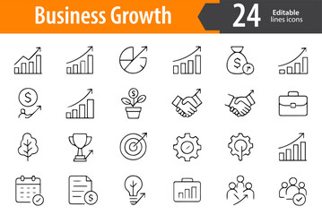 Business Growth Line Icons, Success, Chart, Arrow, Finance, Market and Development Symbols, Editable Formats: AI, EPS, JPG, PNG, Ideal for Both Digital and Print Use
