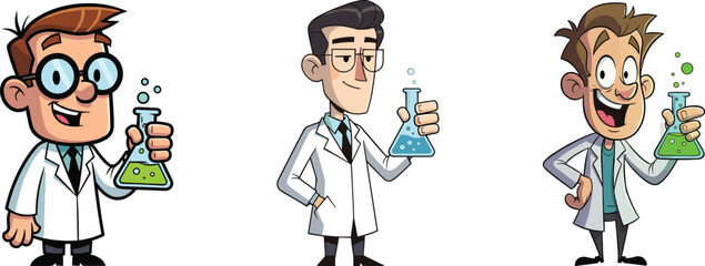 Cartoon scientist characters, funny laboratory researchers, chemistry experiment illustration, comic science people, professors with flasks, colorful liquid reaction, lab workers design
