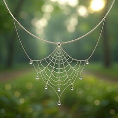 Delicate golden spider web necklace with dew drops hanging, outdoors spiderweb jewelry