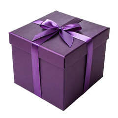 A square purple gift box with a matching ribbon and bow on a black background for a celebration