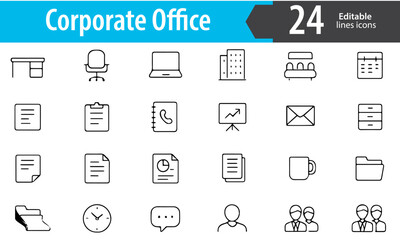 Corporate Office Line Icons, Business, Workplace, Meeting, Employees, Work Tools and Management Symbols, Editable Formats: AI, EPS, JPG, PNG, Ideal for Both Digital and Print Use
