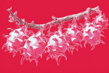 Close-up of spiky fruit hanging from a branch against a vibrant red background, highlighting texture