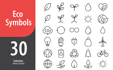Eco Symbols Line Icons, Recycling, Leaf, Renewable Energy, Green Environment, Sustainability Signs, Editable Formats: AI, EPS, JPG, PNG, Ideal for Both Digital and Print Use
