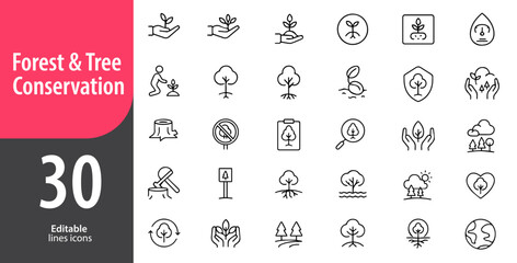 Forest and Tree Conservation Line Icons, Nature, Ecology, Green Environment, Plant and Leaf Symbols, Editable Formats: AI, EPS, JPG, PNG, Ideal for Both Digital and Print Use
