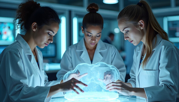 Diverse Women Engineers Working on Holographic Prototypes in Futuristic Lab - Powered by Adobe