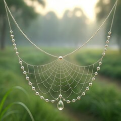 Delicate silver beaded spider web with dewdrop in soft green bokeh background