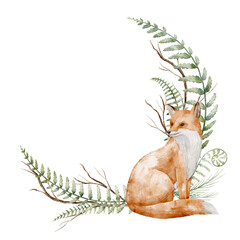 Watercolor wreath with Fox, ferns, and woodland branches. Illustration of circular Template with forest animals for autumn childish greeting cards, nursery posters or woodland baby shower invitations.