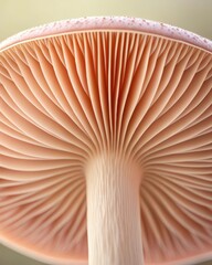 Close up of soft pink mushroom gills and stem with textured cap