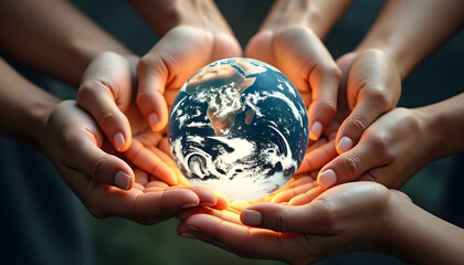 Diverse Hands Holding Glowing Crystal Earth